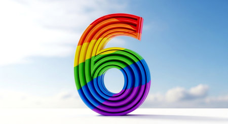 Number 6 with rainbow colors against cloudy sky. 3D illustration.の素材
