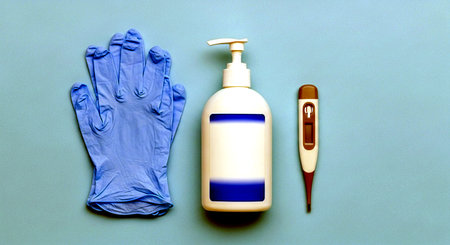 Hand sanitizer, gloves and thermometer on a blue backgroundの素材