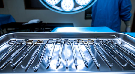 surgical instruments and tools in operating room take with art lighting and blue filterの素材