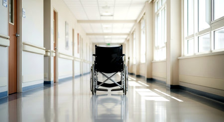 Empty wheelchair in hospital corridor, shallow depth of field with copy spaceの素材