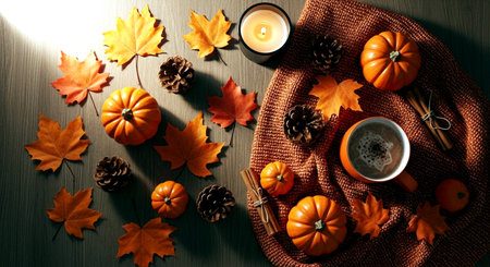 Autumn still life with cup of coffee, pumpkins, leaves and candles on wooden backgroundの素材