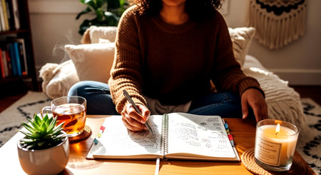 Young woman writing in diary while sitting on the sofa at home.の素材