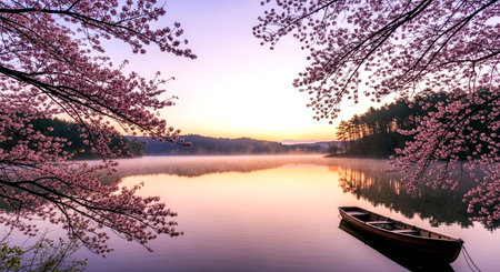 Cherry blossoms and boat on the lake at sunset in Japanの素材