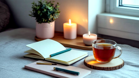 Cup of tea, notebook, pencils and a candle on the windowsill.の素材