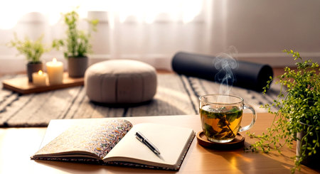 Cup of tea, notebook and yoga mat on wooden table in roomの素材