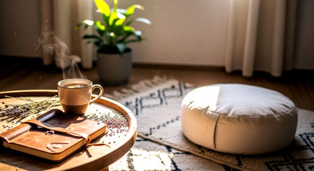 Coffee cup on a wooden tray with coffee beans and a leather wallet in the backgroundの素材