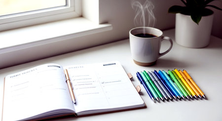 Cup of coffee, notebook and pencils on the windowsillの素材