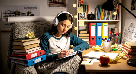 A young girl is studying at home and listening to music with headphones.の素材