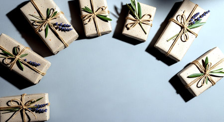 Gift boxes wrapped in craft paper and tied with twine on a blue background.の素材