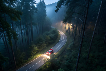 Car driving on the road in the foggy forest at night.の素材