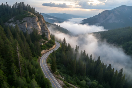 Aerial view of foggy road in the mountains. Carpathians, Ukraineの素材