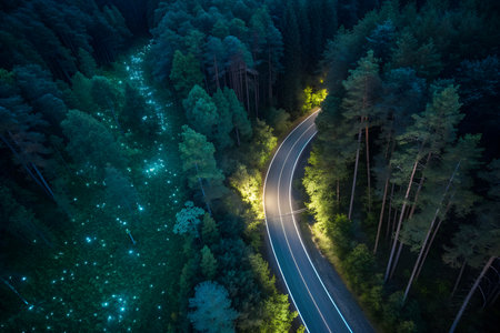 Aerial view of the road in the forest at night time.の素材