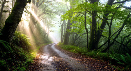 Morning in the forest with sun rays passing through the trees and leavesの素材