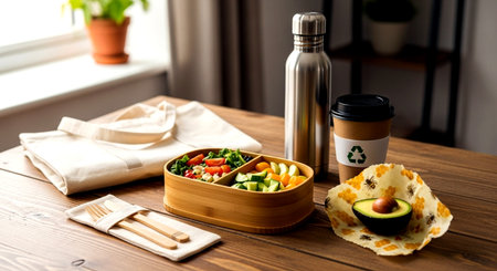 Healthy lunch box on wooden table with cup of coffee and breadの素材