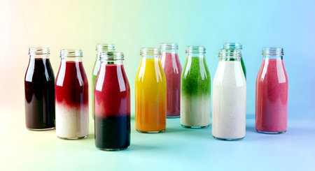 Bottles of colorful smoothies on colorful background. Healthy food conceptの素材