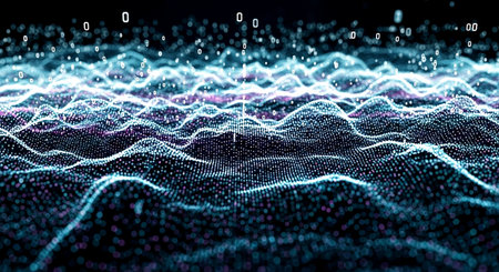 Data technology abstract futuristic illustration. Low poly shape with connecting dots and lines on dark background. 3D rendering. Big data visualization.の素材