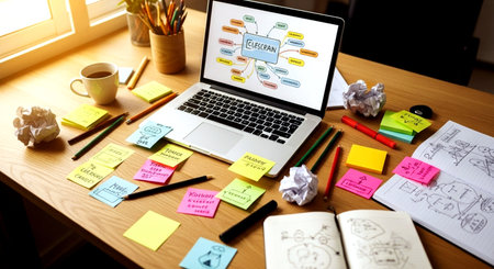 Business strategy concept shown on a laptop used by a creative person to design a websiteの素材