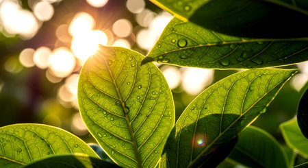 Green leaves with sunlight in the morning. Natural background with copy space.の素材
