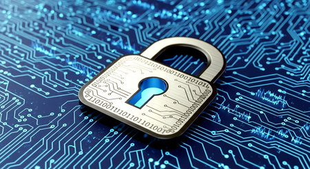 3D illustration of a cyber security concept with a padlock on a circuit boardの素材