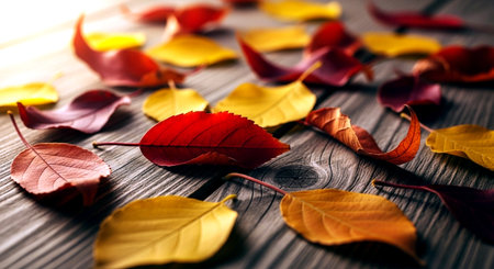 Colorful autumn leaves on a wooden background. Selective focus.の素材