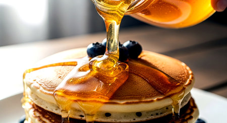 Pancakes with blueberries and maple syrup. Shallow dof.の素材