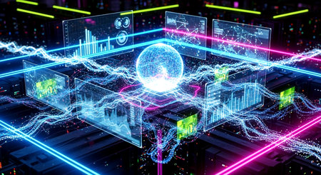 Futuristic interface with glowing globe hologram on server room background 3D renderingの素材