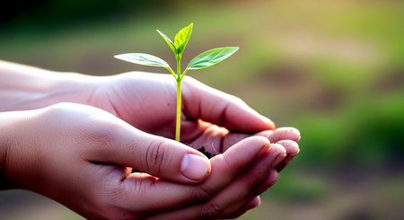 Human hands holding a young green plant with soil in the background.の素材