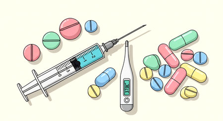 Pills, syringe and thermometer on white background. Vector illustration.の素材