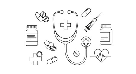 Stethoscope, pills, capsules, medical icons. Vector illustrationの素材