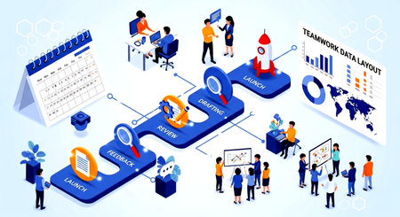 Isometric business planning concept with people characters and icons on blue background vector illustrationの素材