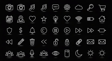 Set of white line icons on a black background. Vector illustration.の素材