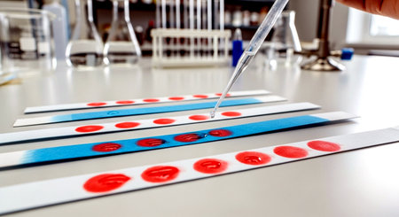 Laboratory test tubes with blood samples on a table in a laboratoryの素材