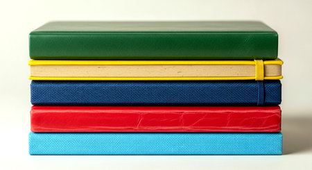 Stack of colorful books on white background, closeup. Education conceptの素材