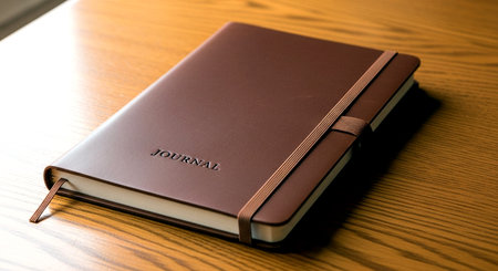Notebook on a wooden table. Selective focus with shallow depth of field.の素材