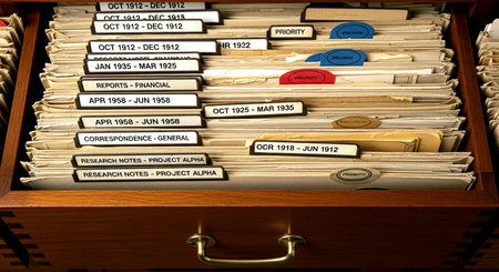 File folders in a filing cabinet with business related tags in it.の素材