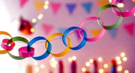 Birthday party background with colorful ribbons and confetti, selective focusの素材