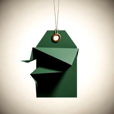Green origami Christmas tree hanging on a rope. 3d illustrationの素材