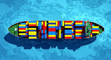 Container ship with flag of Catalonia in the water. 3D renderingの素材