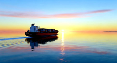 Cargo ship in the sea at sunset. Panoramic view.の素材