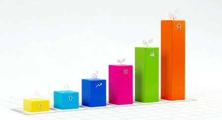3d illustration of colorful bar graph showing growth and progress in businessの素材