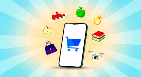 Online shopping concept. Smartphone with shopping cart on blue background. Vector illustration.の素材