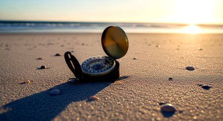 Compass on the beach at sunset, concept of travel and navigationの素材