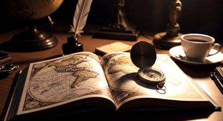 Vintage still life with old map, compass and cup of coffeeの素材