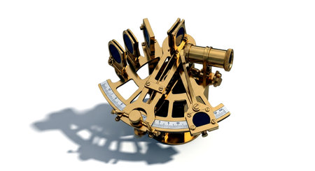 Antique golden telescope on white background. 3d render illustration.の素材