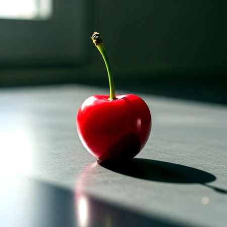 Red cherry on a black background. Shallow depth of field.の素材
