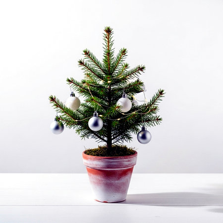 Christmas tree in a pot on a white background. Christmas concept.の素材