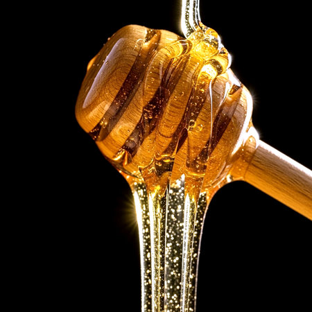 Honey dripping from a wooden honey dipper isolated on black backgroundの素材