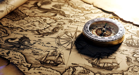 Compass on old map. Vintage style toned picture. Travel conceptの素材