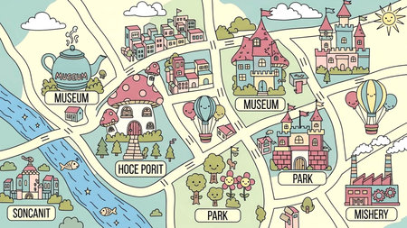 Vector illustration of a city map with houses, trees, flowers and landmarksの素材