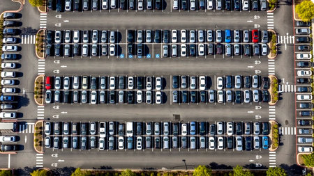 Aerial view of a parking lot with new cars parked in a rowの素材